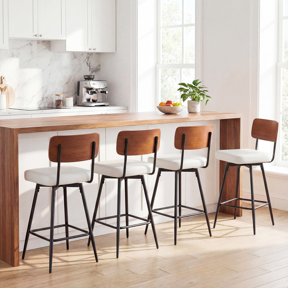 Set of two 27-inch padded counter barstools with metal legs and curved wooden backrest, perfect for kitchen or dining.