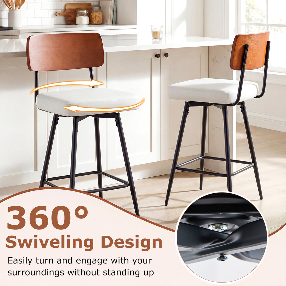 Set of 2 white padded counter barstools with 360° swivel design and sturdy metal legs, perfect for kitchens and bars.