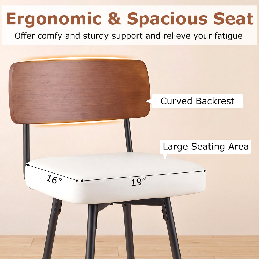 Padded counter barstool with curved wooden backrest and metal legs, featuring a 19" seating area for kitchen or dining.