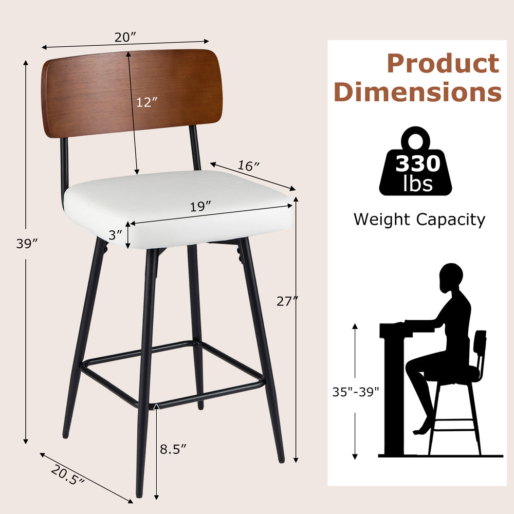 27-inch padded counter barstool with metal legs, white upholstery, and curved wooden backrest for kitchen or bar use.