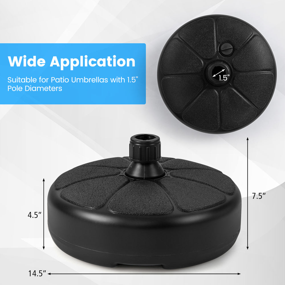 Fillable round umbrella base stand, 27 lbs, made of HDPE, suitable for 1.5" pole diameters, ideal for patio and.