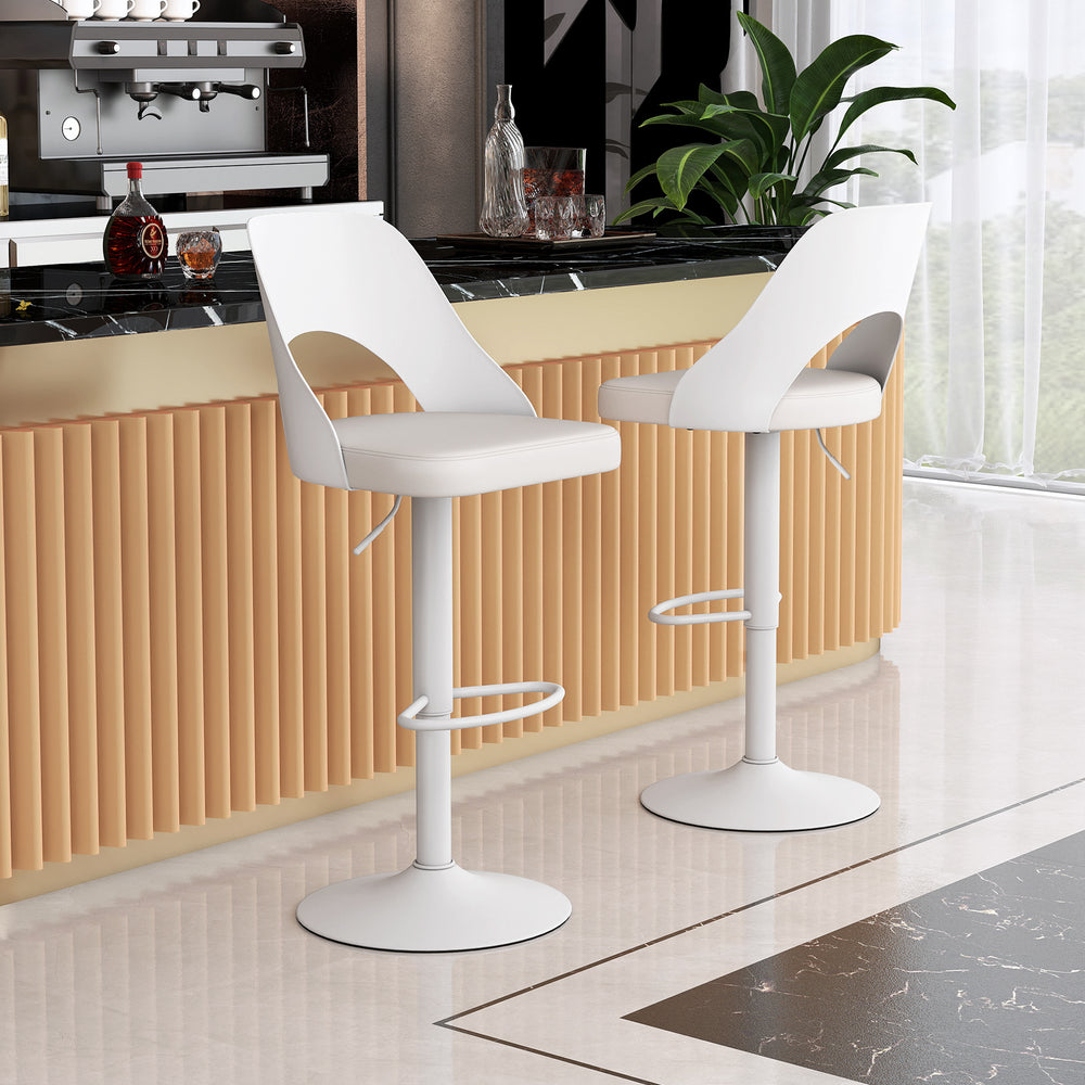 White bar stools set of 2 with PU leather seats, adjustable height, and ergonomic backrest for comfort in kitchens or.
