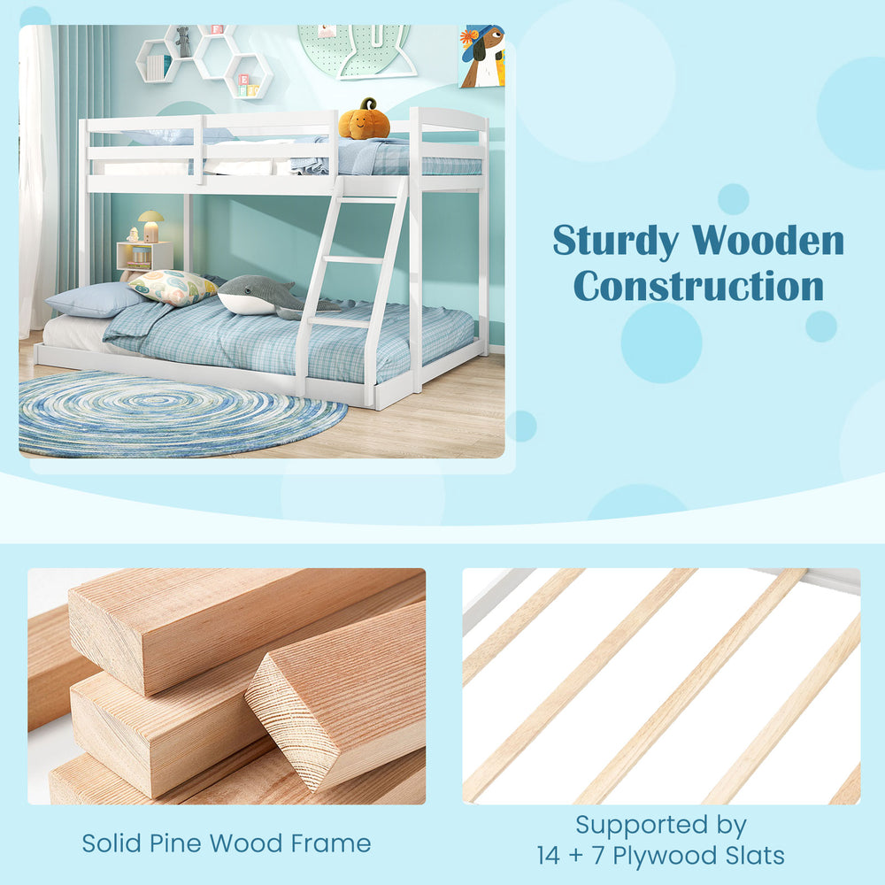 Twin over full bunk bed frame in white with solid pine wood, supported by plywood slats, ideal for kids' rooms.
