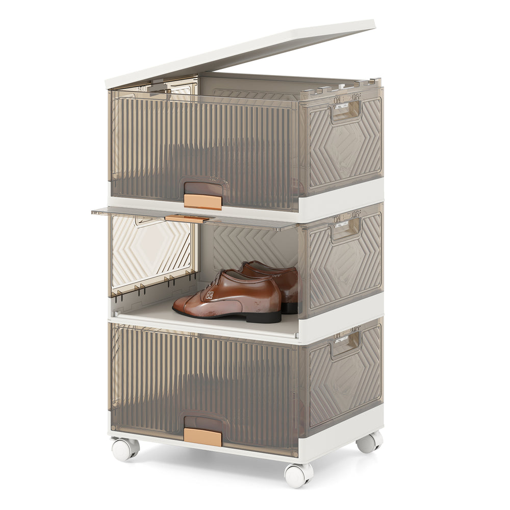 Three-cube stackable storage bin with a smooth, waterproof surface and locking wheels for secure and easy organization.