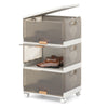 Three-cube stackable storage bin with a smooth, waterproof surface and locking wheels for secure and easy organization.