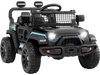 Battery-powered black kids ride-on truck with LED headlights, remote control, and safety features for secure driving.