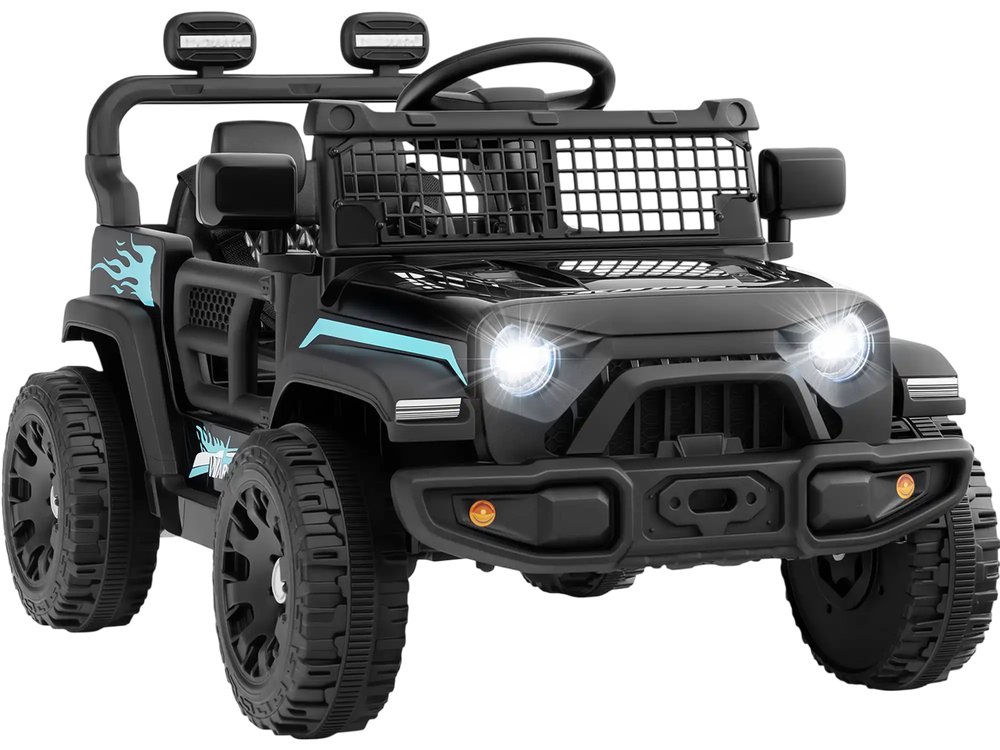 Battery-powered black kids ride-on truck with LED headlights, remote control, and safety features for secure driving.