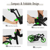 Folding golf push cart showcasing compact design steps, featuring adjustable handle and swivel wheels for easy storage.