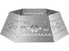 Hexagonal silver Christmas tree collar with intricate cutouts, designed for trees up to 10 ft and collapsible for storage.
