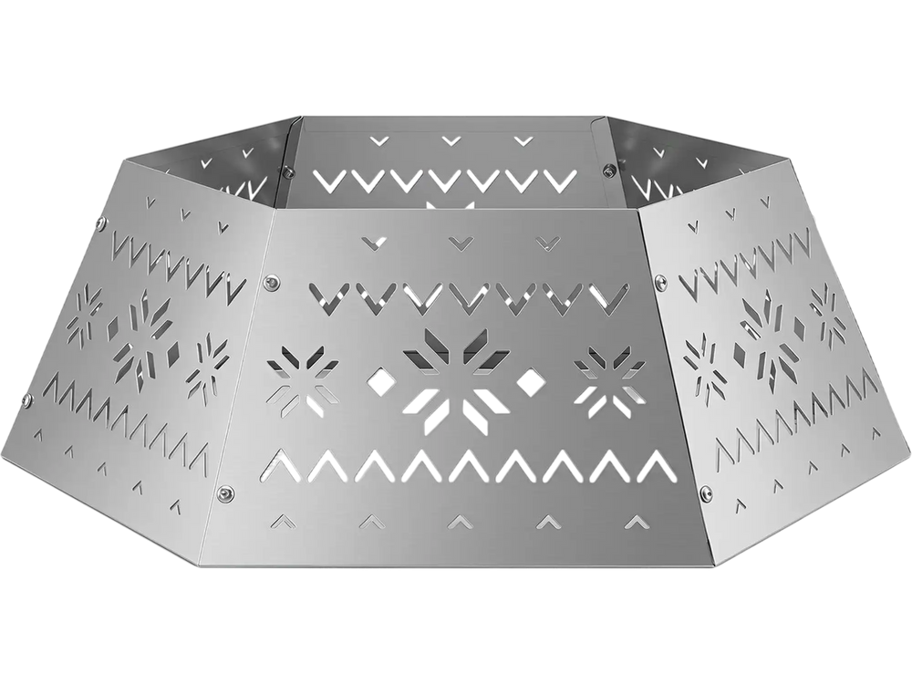Hexagonal silver Christmas tree collar with intricate cutouts, designed for trees up to 10 ft and collapsible for storage.