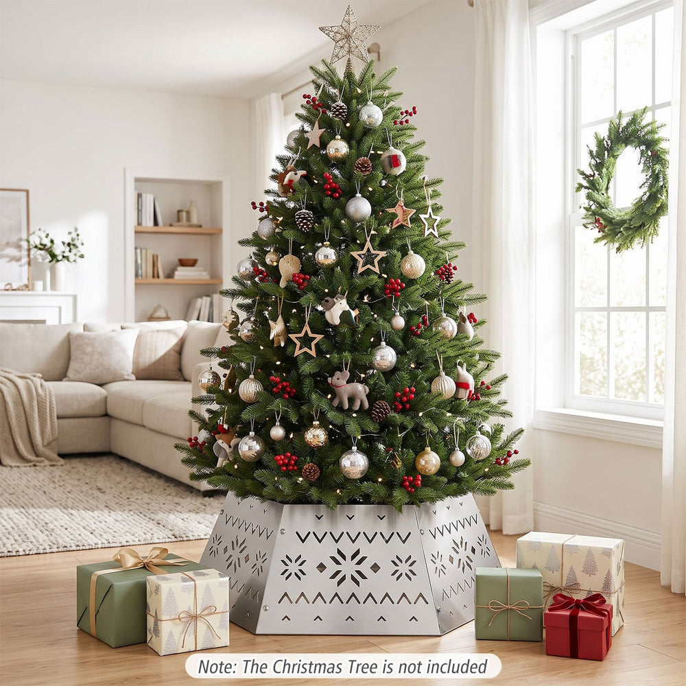 Metal hexagonal Christmas tree collar in silver, designed to fit up to 10 ft trees and conceal unsightly stands and cords.