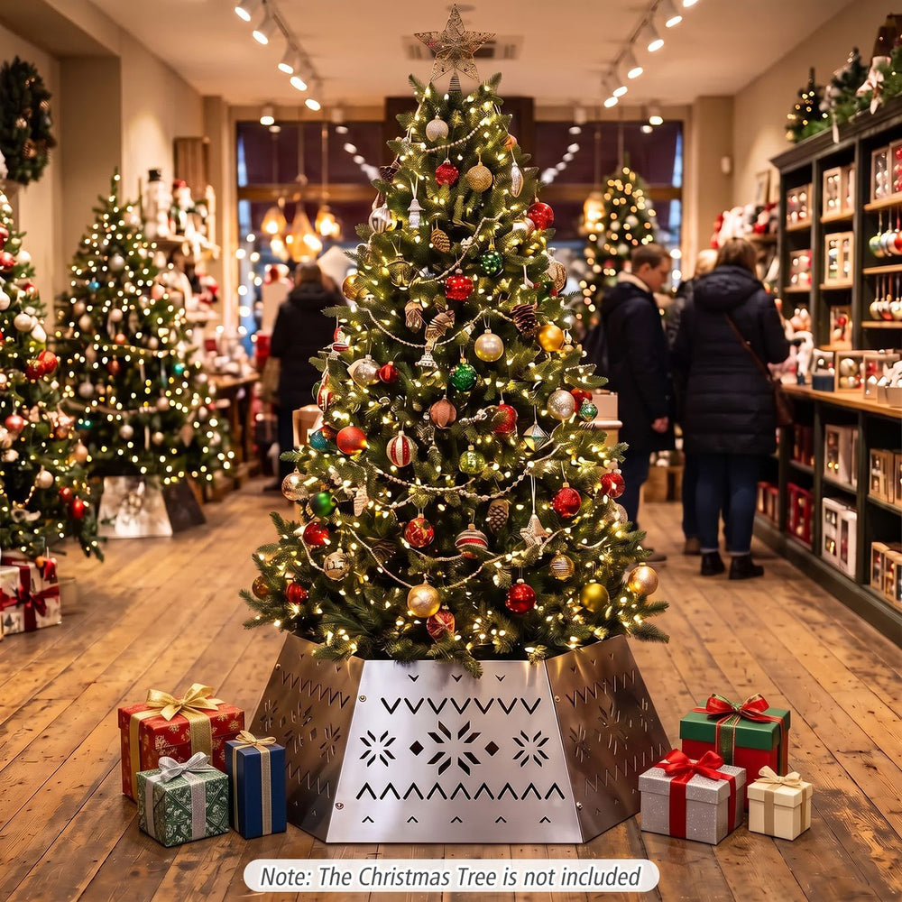 Silver 28-inch metal hexagonal Christmas tree collar with exquisite hollowed-out design for a festive focal point.