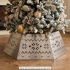 Metal hexagonal Christmas tree collar in silver, featuring exquisite hollowed-out artistry, fits trees up to 10 ft tall.