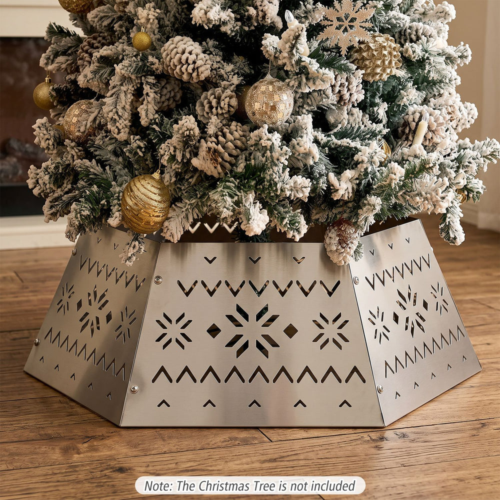 Metal hexagonal Christmas tree collar in silver, featuring exquisite hollowed-out artistry, fits trees up to 10 ft tall.
