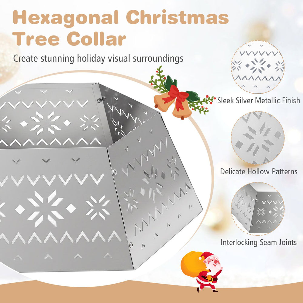 Hexagonal silver Christmas tree collar features delicate hollow patterns and interlocking joints for a stylish holiday display.