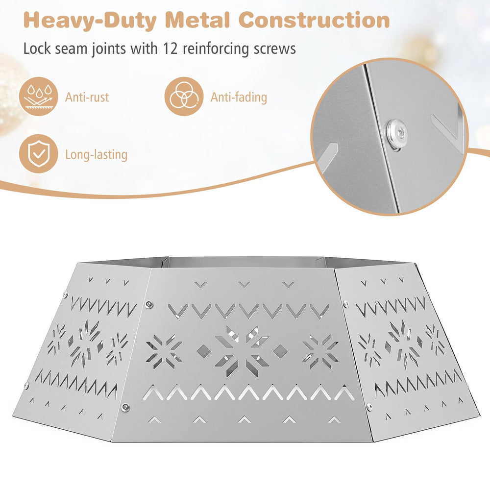 28-inch silver metal hexagonal Christmas tree collar features exquisite hollowed-out artistry for a festive focal point.