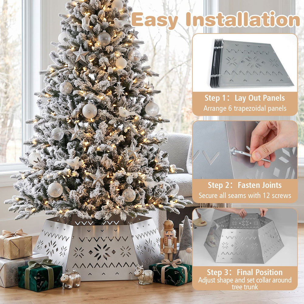 28-inch silver metal hexagonal Christmas tree collar with intricate design, perfect for concealing tree stands and cords.