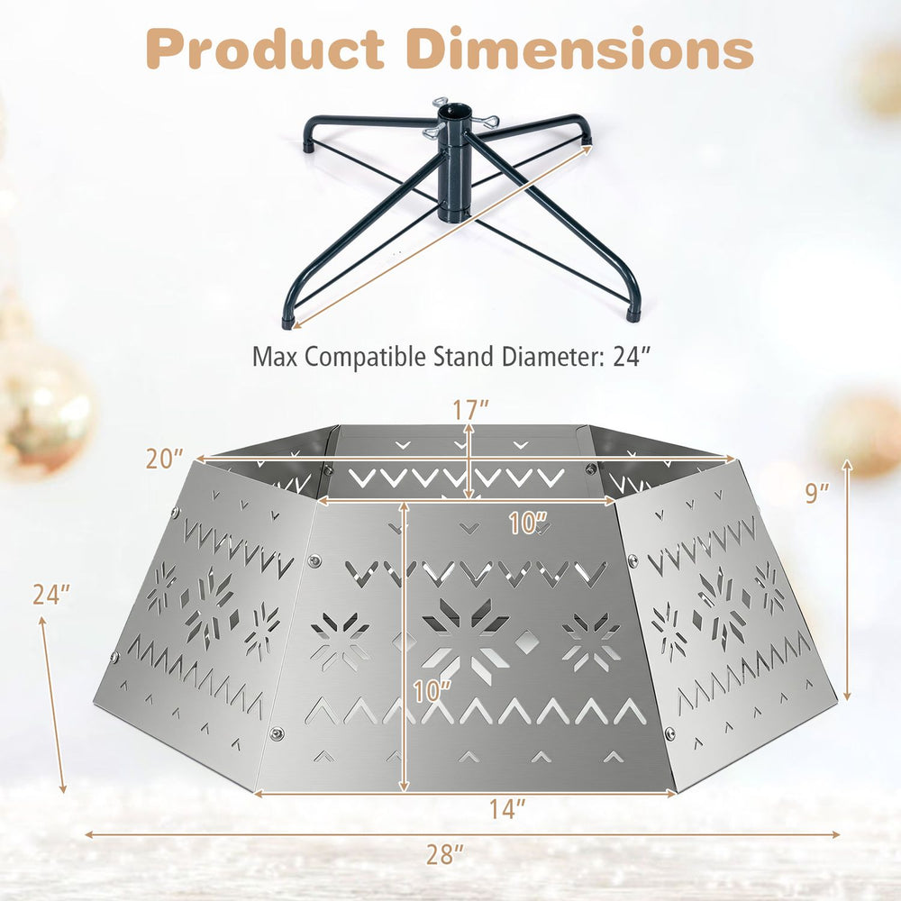 28-inch silver metal hexagonal Christmas tree collar features hollowed-out artistry, fitting stands up to 24 inches in diameter.