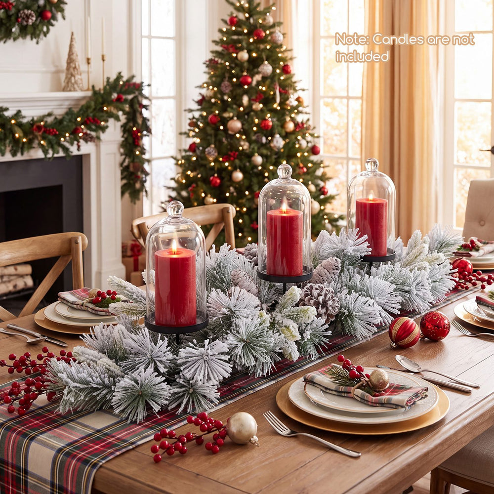 28" foldable Christmas centerpiece with a luxurious arrangement of pine needles and three candle holders for holiday warmth.