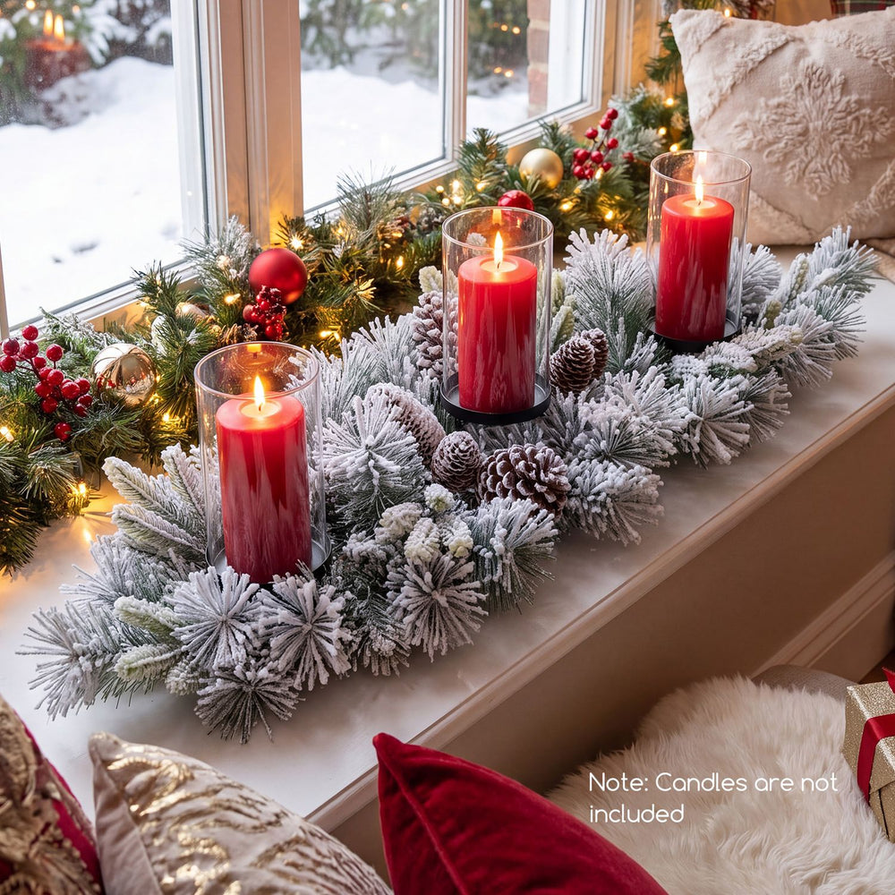 28" foldable Christmas centerpiece with pine needles, 6 natural pine cones, and three candle holders for festive decor.