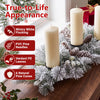 28" foldable Christmas centerpiece featuring a 3-candle holder with PVC pine needles, 6 natural pine cones, and wintry white flocking.