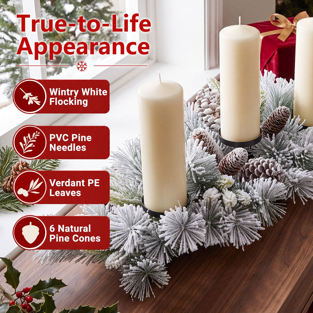 28" foldable Christmas centerpiece featuring a 3-candle holder with PVC pine needles, 6 natural pine cones, and wintry white flocking.