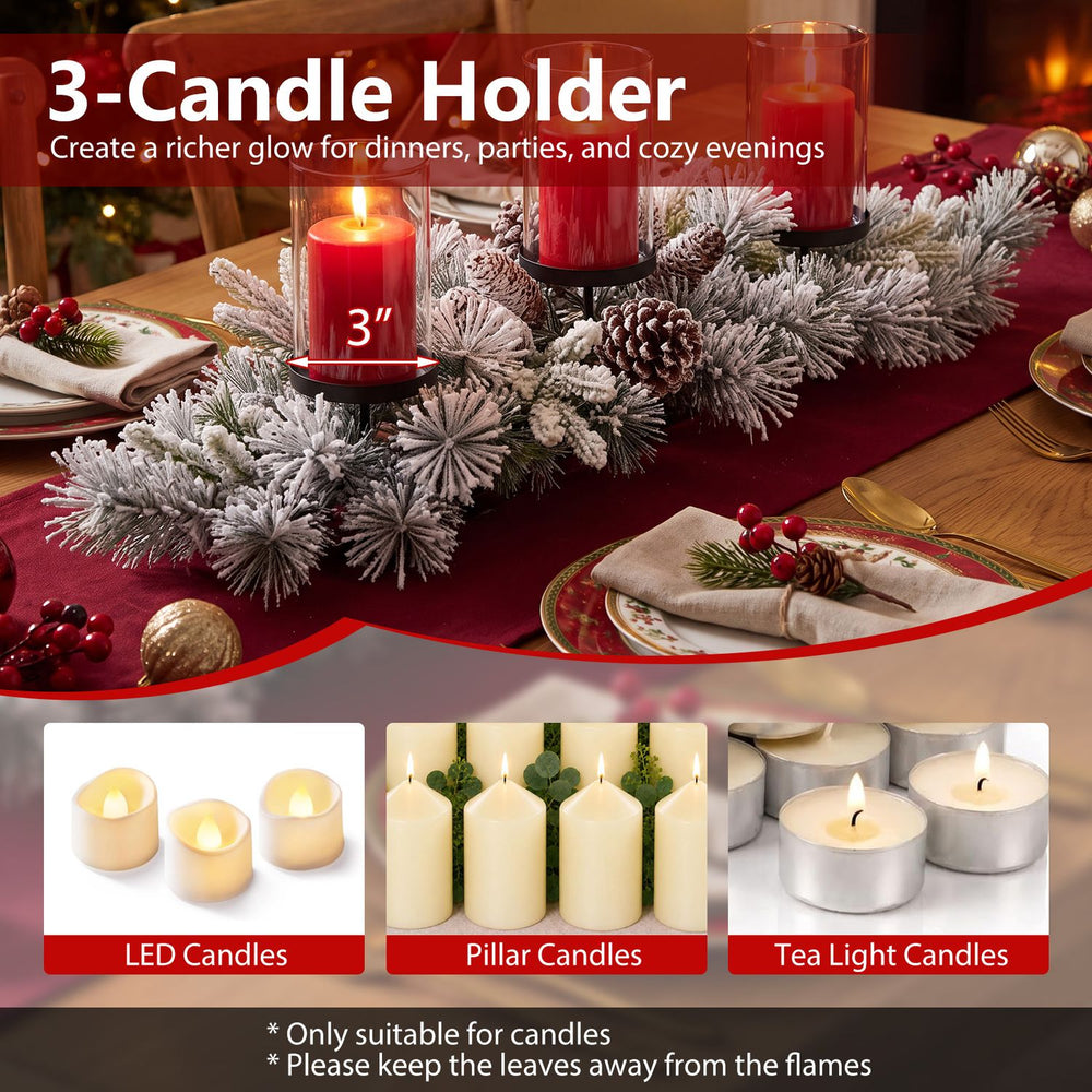 28" foldable Christmas centerpiece featuring a 3-candle holder with PVC pine needles and 6 natural pine cones for festive decor.