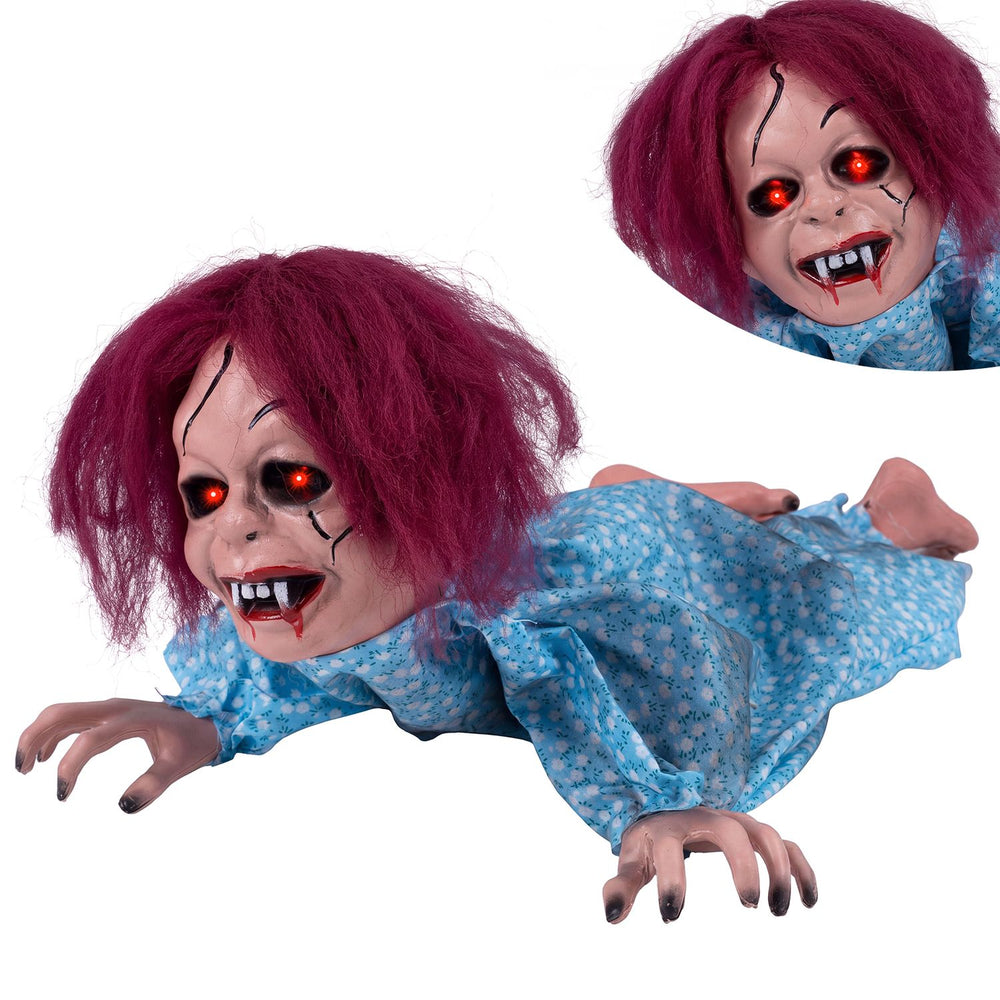 Creepy 28" crawling girl doll with realistic hair, flashing red eyes, and horror sounds, perfect for Halloween decorations.