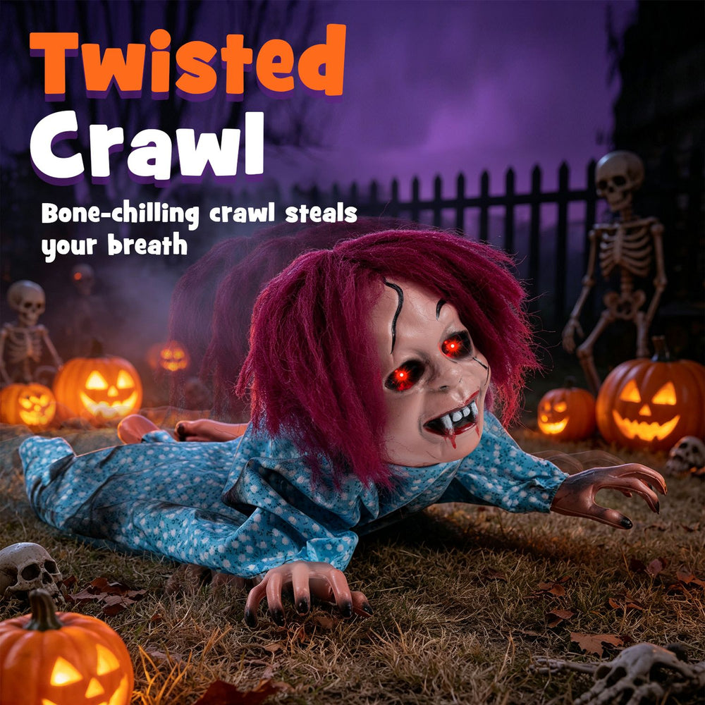 Creepy 28" Halloween Crawling Girl with realistic hair, flashing red eyes, and horror sounds for terrifying decorations.