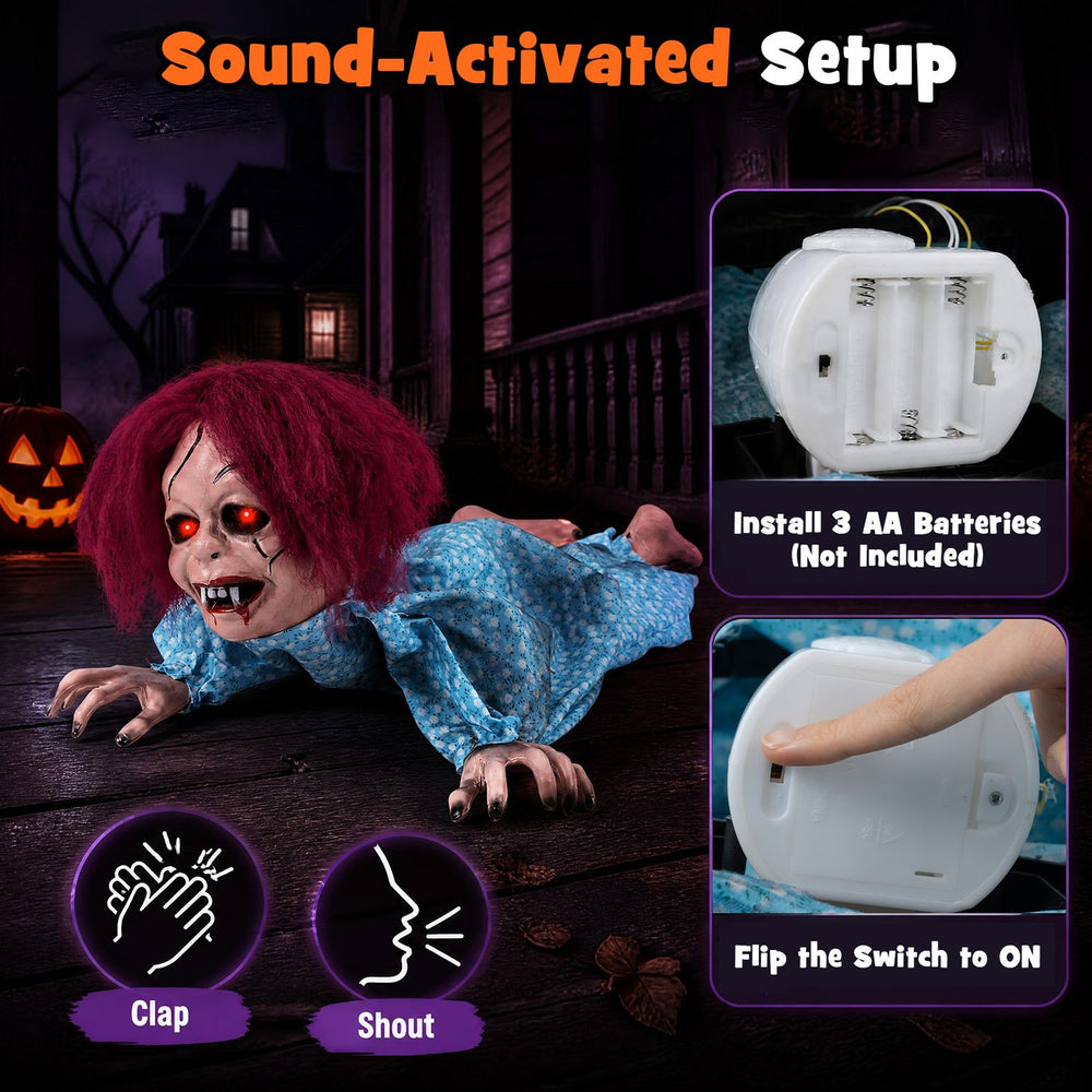 28" Halloween Horrifying Crawling Girl with realistic hair, flashing red eyes, and creepy feet for unsettling Halloween decor.