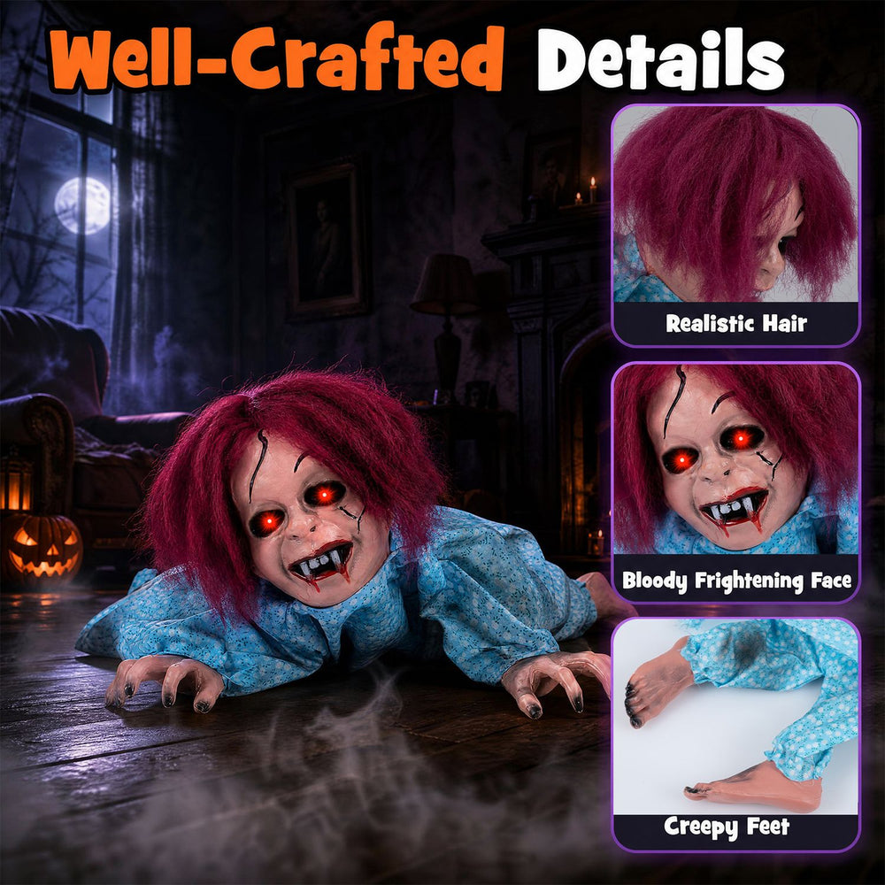 Creepy 28" Halloween crawling girl with realistic hair, bloody face, and flashing red eyes for terrifying Halloween decor.