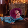 Horrifying 28" crawling girl prop with realistic hair, flashing red eyes, and creepy details for Halloween scares.
