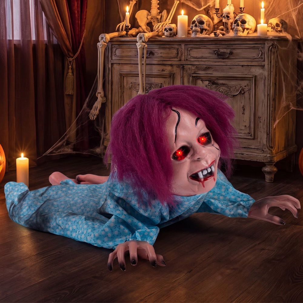 Horrifying 28" crawling girl prop with realistic hair, flashing red eyes, and creepy details for Halloween scares.