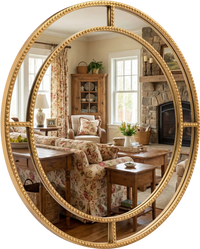 28-inch gold round wall mirror with beaded frame, perfect for adding elegance to living rooms or entryways.
