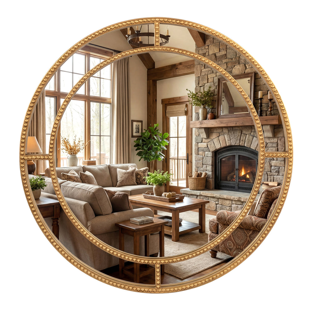 28-inch gold round wall mirror with a beaded frame, adding a touch of sophistication to any entryway or living room.
