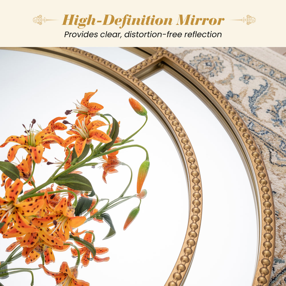 28-inch gold round wall mirror with beaded frame, providing high-definition reflection for living room or entryway.
