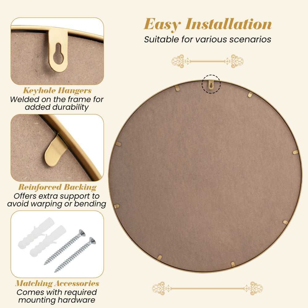 28-inch gold round wall mirror with beaded frame, featuring sturdy hangers and MDF backing for durability, ideal for.