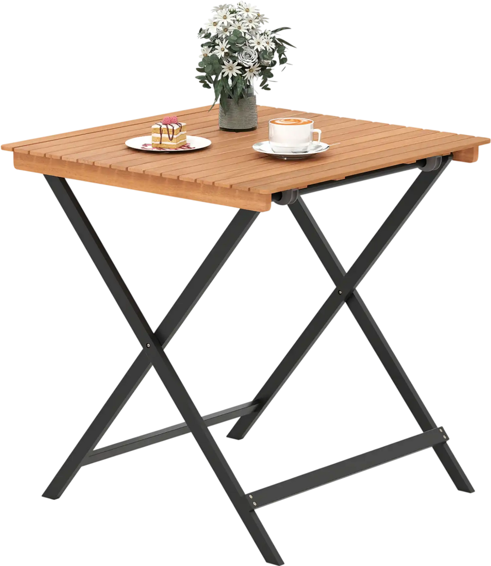 28 Inch Patio Folding Square Table with Slatted Tabletop for Backyard Porch
