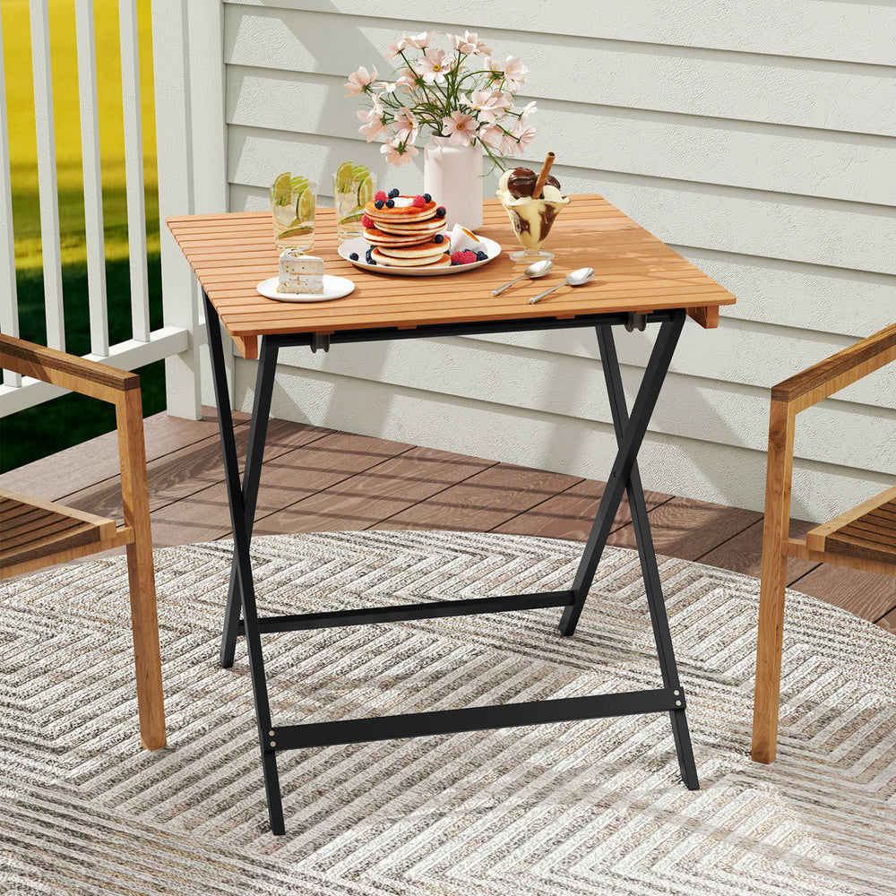 28-inch patio folding square table with slatted acacia wood tabletop, ideal for backyard or porch dining.