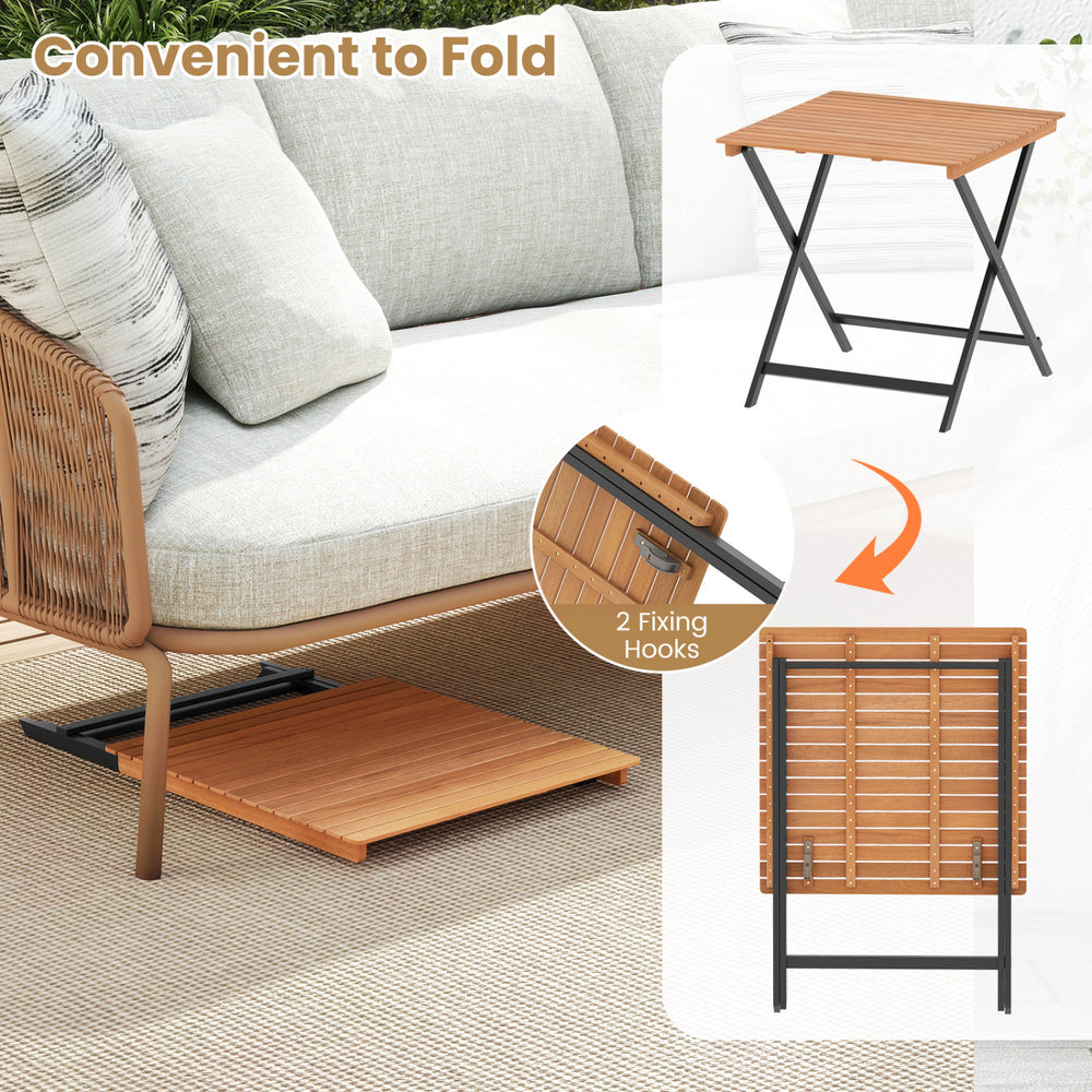 28-inch patio folding square table with slatted acacia wood tabletop, featuring fixing hooks for stability and easy.