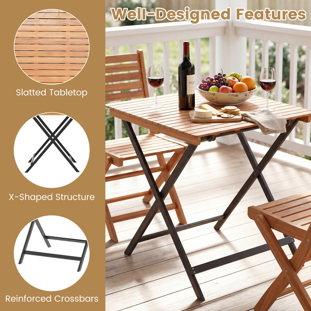 28-inch patio folding square table with slatted tabletop, made of acacia wood, ideal for indoor and outdoor use.