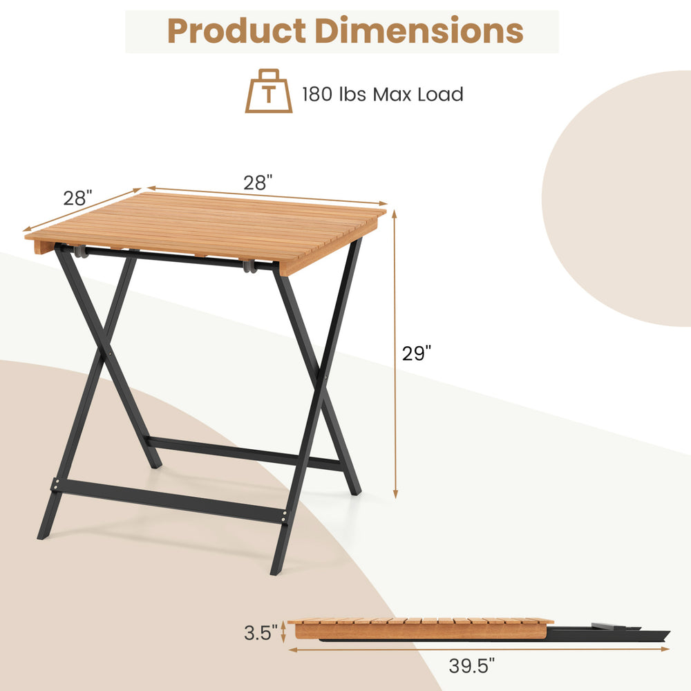 28-inch patio folding square table with slatted acacia wood tabletop, ideal for backyard or porch use.