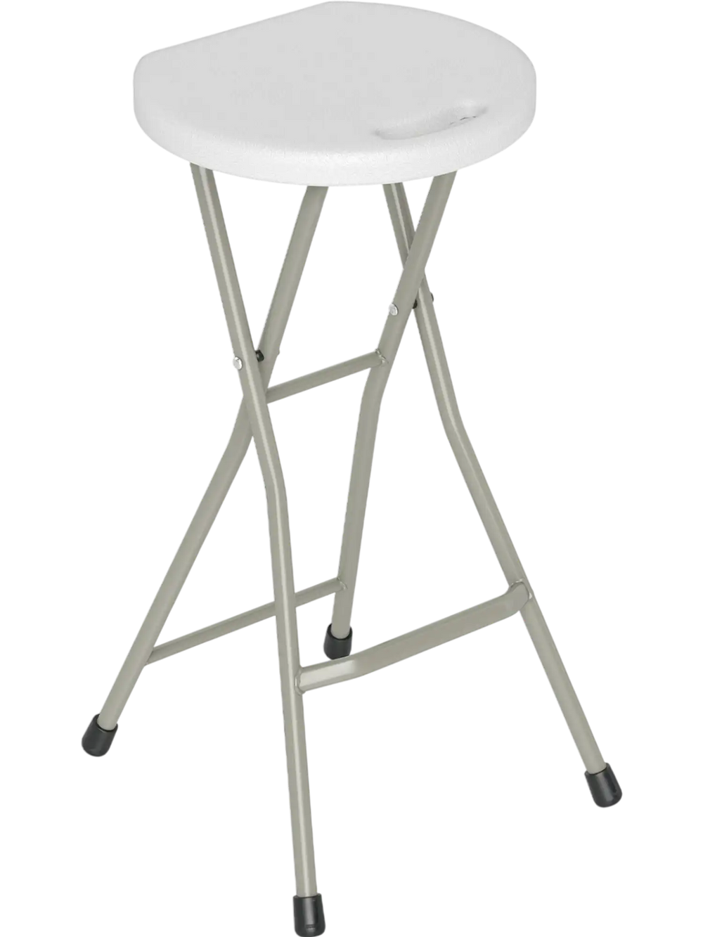 Portable 28-inch folding stool with a sturdy steel frame, suitable for outdoor use and easy to store.