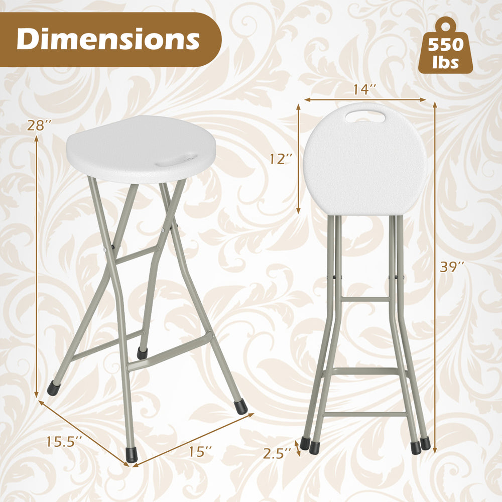 Portable folding stool with a 28-inch round seat, sturdy steel frame, and a weight capacity of 330 lbs for versatile use.