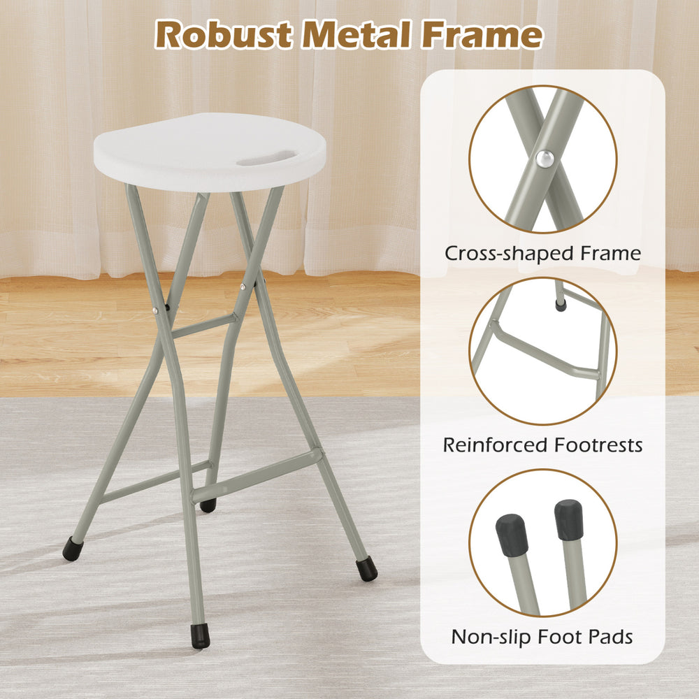 Portable 28-inch folding stool with a robust metal frame, non-slip foot pads, and a weight capacity of 330 lbs for versatile use.