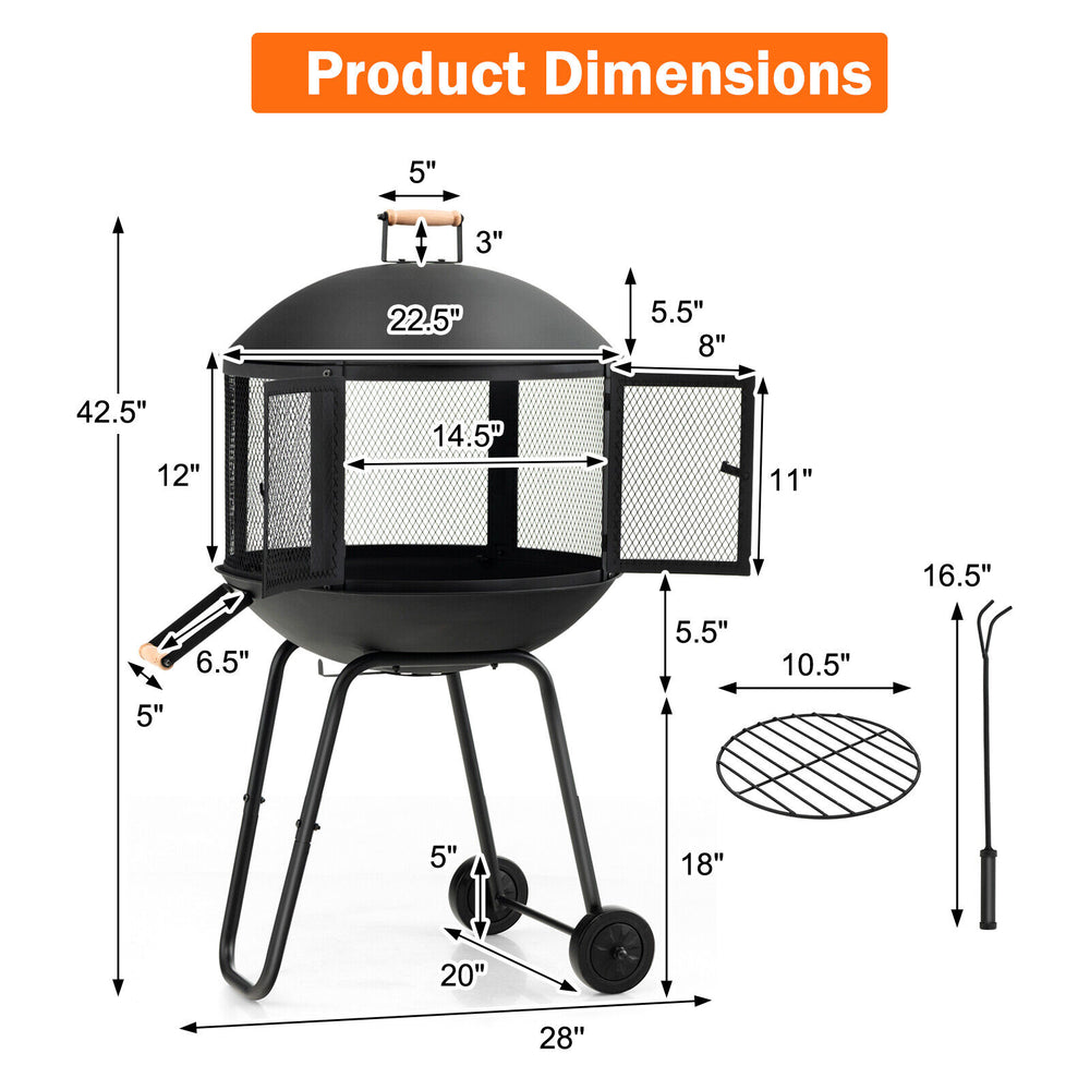 28-inch portable fire pit on wheels with log grate, featuring a black steel frame and dimensions for easy setup and.
