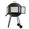 28-inch portable black fire pit on wheels with log grate, featuring mesh doors for airflow and easy mobility.