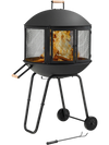 28-inch portable fire pit on wheels with log grate, black steel frame, ideal for heating and barbecuing outdoors.