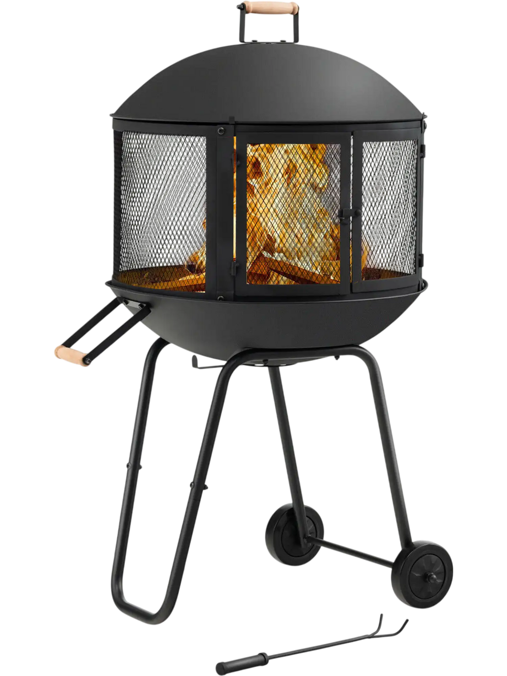 28-inch portable fire pit on wheels with log grate, black steel frame, ideal for heating and barbecuing outdoors.