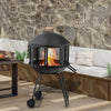 28-inch portable black fire pit on wheels with log grate, ideal for heating and barbecue, featuring a rust-resistant.